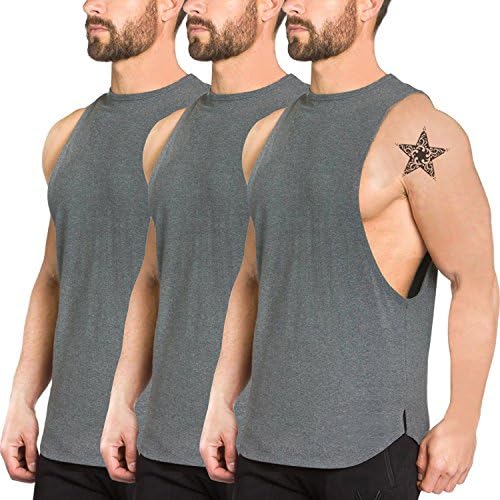Men's 3 Pack Fitness Workout Tank Tops Gym Cotton Tshirts Sleeveless(3Pack,Gray,L)