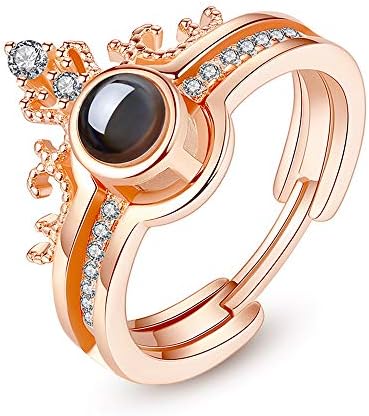 Evangeline Crofts I Love You Ring 100 Languages Custom Lover's Name and Photo Projection Ring in 925 Sterling Silver Rose Gold—Crown Shaped Personalized for Women Adjustable Size Jewelry