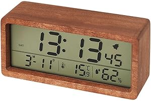 CashMuch Digital Wooden Alarm Clock for Bedrooms, Battery Powered with Real-Time Temperature & Humidity Monitor, Large Clear 
