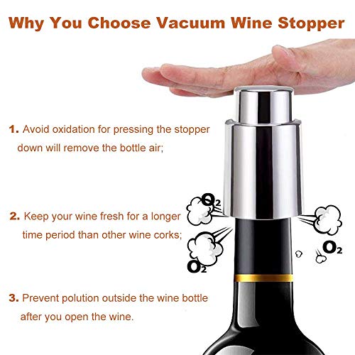 Vacuum Wine Stoppers, Stainless Steel Wine Saver w/Corkscrew, Reusable Wine Bottle Preserver, Durable Wine Bottle Stoppers Sealer Great for Wine Lovers Drinkers (Silver, 2PCS)