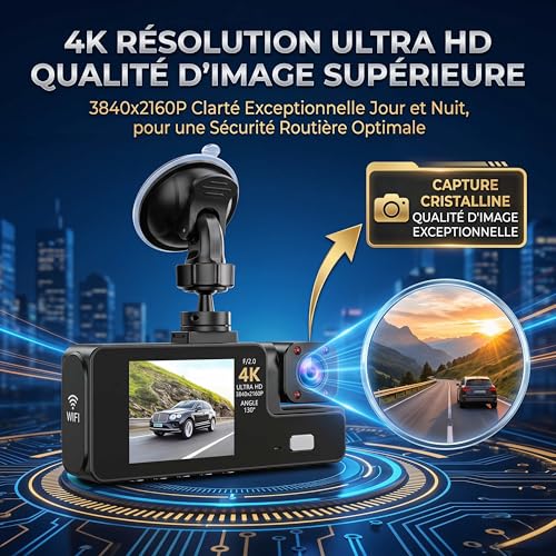 Dashcam 3 Cameras 1080P Full HD | Maximum 360° Security with No Dead Angle, Night Vision and Parking Monitored, Built-in WiFi Motion Detection, Ideal for Drivers