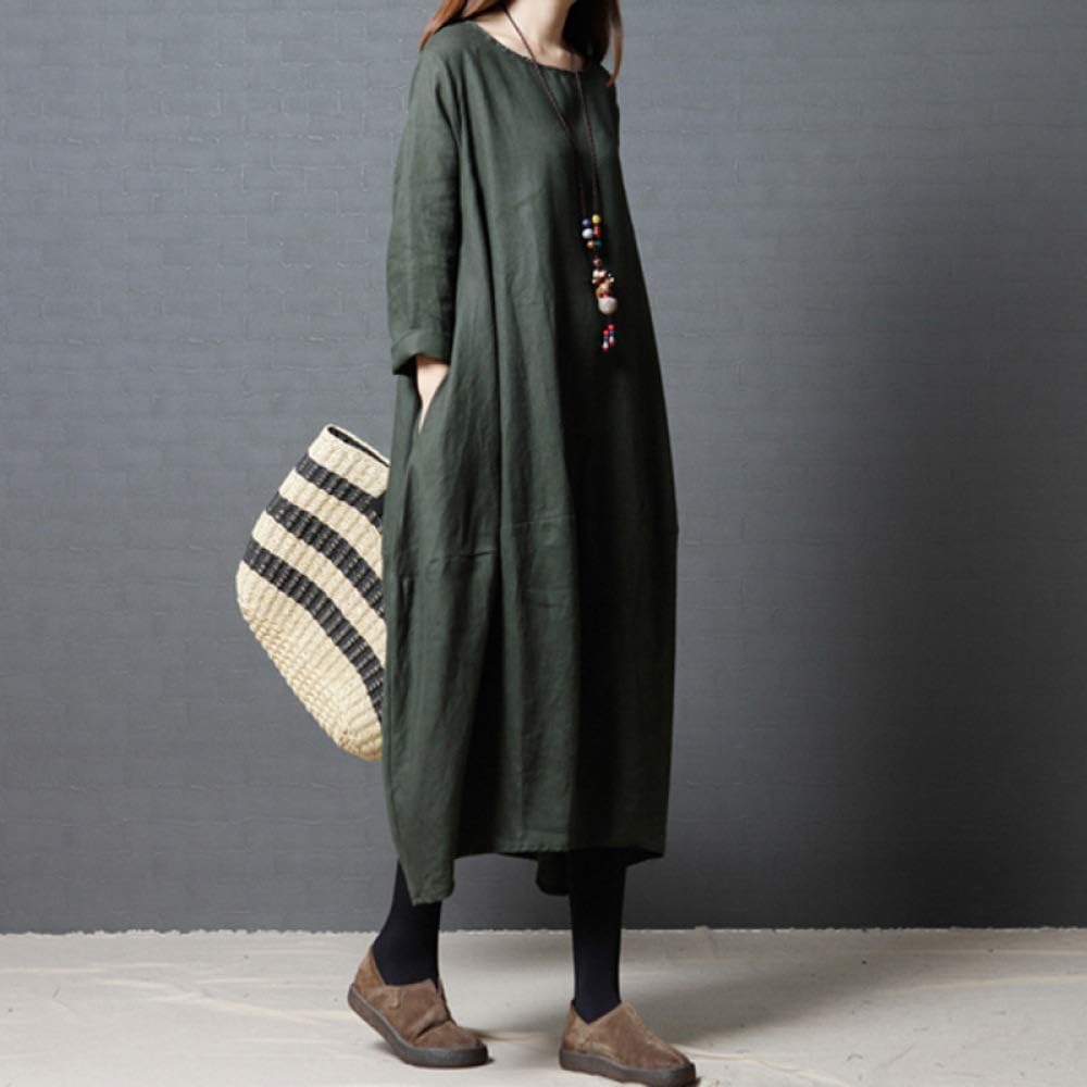 WFF Women's Korean Version of Loose Dress, Slim Cotton and Long Skirts Long Sleeve Round Neck Dress. / Black/As Show