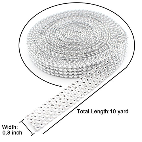 Benvo 4 Row 10 Yard Acrylic Bling Diamond Rhinestone Ribbon Wrap for Wedding Cakes, Birthday Decorations, Baby Shower Events and Arts and Crafts Projects 10 yard, Silver