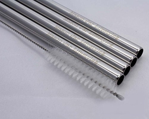 Short Safer Rounded End Stainless Steel Straws for Half Pint Mason Jars, Cocktails, Coffee Mugs, Small Glasses or Cups (4 Pack + Cleaning Brush + Bag) - Thumbnail 2