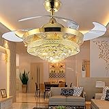COLORLED Modern Crystal Gold Ceiling Fan Light Kit for Living Room Bedroom 42-Inch Four Telescopic Blades Fan Chandeliers Lighting Fixture (Gold)