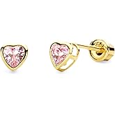 14k Yellow Gold 4mm Heart Bezel Set Stud Earrings with Screw Back - 12 Different Color Available