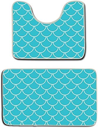 US TANG teal blue mermaid scales Non Slip 2 Piece Bathroom Mat Pedestal Rug Bath Mat Customized Artwork Print