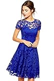 Amoluv Women Round Neck Short Sleeve Pleated Lace Slim Dress Blue Small
