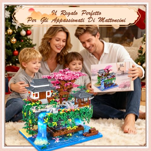 Charmofun 3320pcs Mini Building Bricks, Classic Chinese Garden Building Bricks Set with LED, Peach Blossom Pool Chinese Architecture, Creative STEM Gift for Kids and Adults