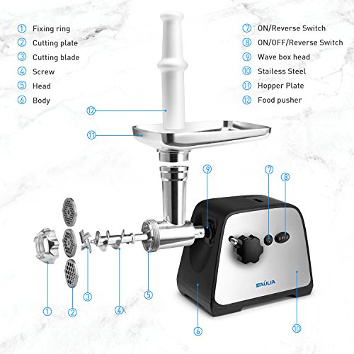 Baulia MG806 Electric Grinder for Home Use, 3 Cutting Blades & Stuffing Tubes, Stainless Steel Meat Mincer for Making Sausages, Chopped Liver, Size #10, Silver
