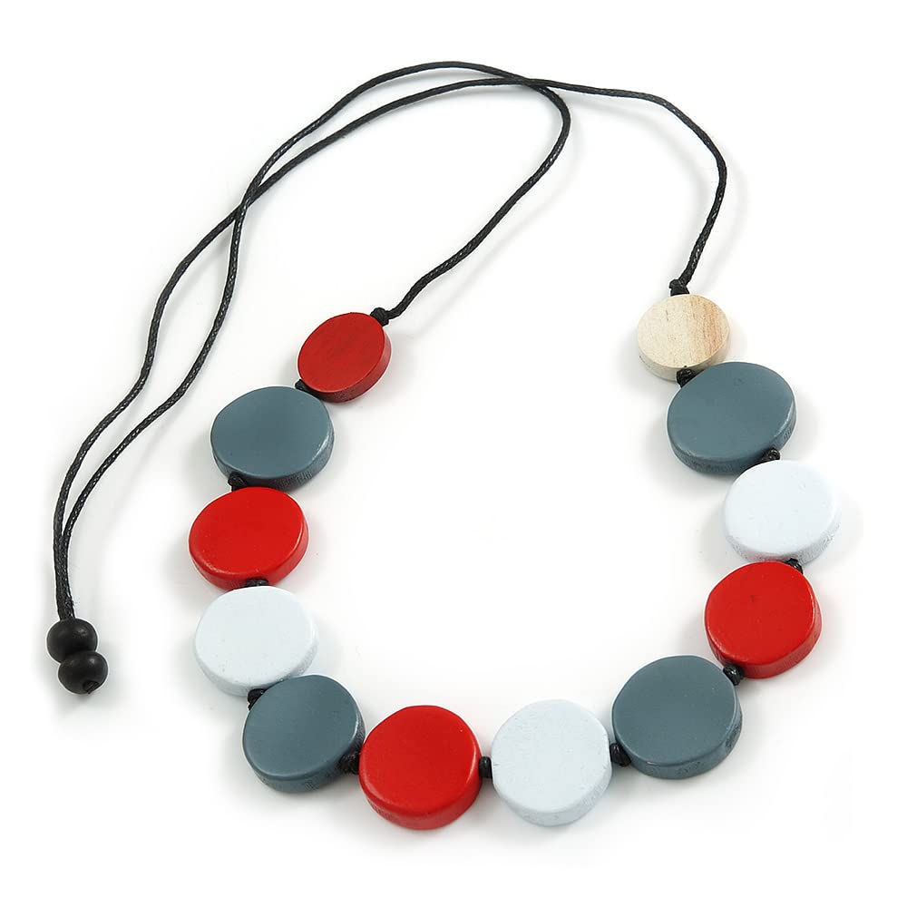 Avalaya Red/White/Grey Wooden Coin Bead Black Cotton Cord Necklace/ 86cm Max Lenght/Adjustable