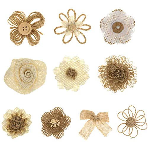 10Pcs Jute Burlap Flowers,10 Styles Handmade Natural Rustic Flower for Wedding Party Decor Home Embellishment DIY Crafts