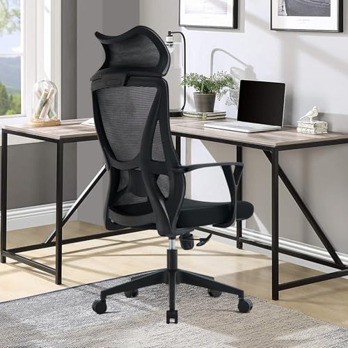 VOFFOV Ergonomic Office Chair with Fixed Wide Headrest, High-Back Mesh Desk Chair with Lumbar Support and Armrests, Swivel Computer Chair for Home Office (Black Headrest)