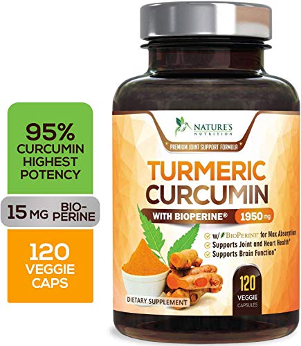 Turmeric Curcumin Highest Potency 95% Standardized Curcuminoids 1950mg with Bioperine for Best Absorption, Made in USA, Best Vegan Joint Pain Relief Turmeric Pills by Natures Nutrition - 120 Capsules (Top 10 Best Antidepressants)