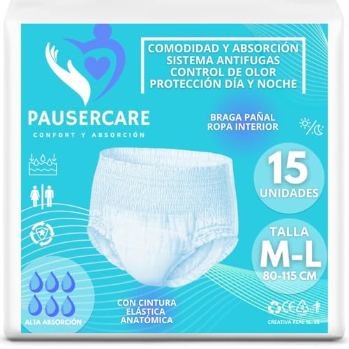 PAUSERCARE Unisex Adult Diaper Panty | Super Absorbents for Severe Incontinence | Men & Women | 15 Disposable Units | Maximum Discrete Protection | Day and Night SIZE M-L