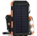 20000mAh Solar Power Bank Solar Charger Waterproof Portable External Battery USB Charger Built in LED light with Compass for iPad iPhone Android Cellphones (Black & Orange)