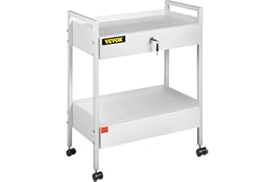 VEVOR Lab Cart, 2 Tiers Lab Trolley, Steel Lab Utility Cart, 360° Rolling Lab Cart, Locking Drawer Stainless Steel Lab Cart, 
