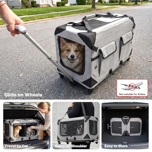 Veehoo Large Pet Carrier with Wheels for 2 Cats, Extra Long 76cm Foldable Rolling Cat Carrier with Removable Divider & Telescopic Handle, Soft-Sided Pet Travel Carrier for 2 Small Dogs, 76× 38× 51 cm