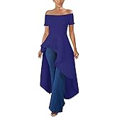 Lrady Womens Off Shoulder Tops High Low Short Sleeve Ruffle Peplum Tunic Party Blouse Casual Shirt Dress