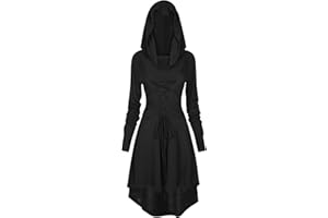 Womens Renaissance Costumes Hooded Robe Lace Up Renaissance Dress Women Halloween Vintage Medieval Cloak (Black, Small)