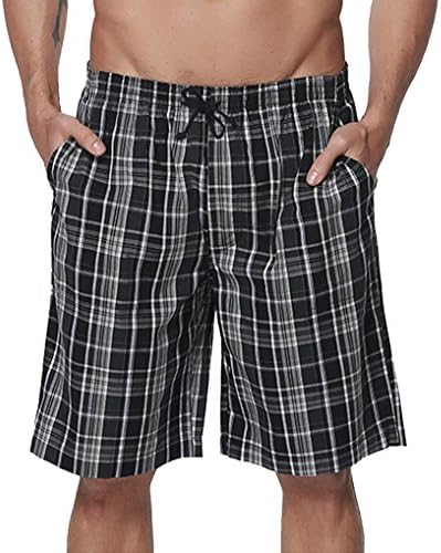 Men's Cotton Plaid Beach Shorts Summer Casual Shorts with Drawstring and Pockets