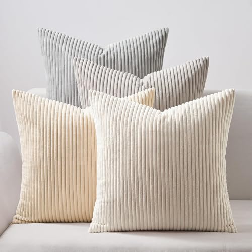 Topfinel Dekorative Kissenbezüge für Wohnzimmer, Couch, Bett, Sofa, rustikales Bauernhaus, Boho, neutrale Heimdekoration, weicher Plüsch, gestreift, 4