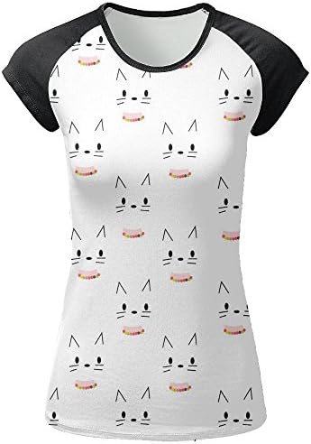 JINYOUR Cat Face Pattern Women's Front Printing Round Neck Short Sleeve T-Shirt