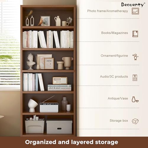 Beauenty Simple Bookshelf, 6-Tier Display Bookcase with Back Panel, Open Book Storage Shelf for Living Room, Bedroom, Home Office, Wooden Storage Shelf Unit (Walnut-40 * 24 * 180cm)