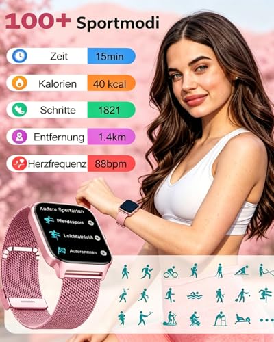 Popglory Smartwatch Herren Damen mit Blutdruckmessung, Bluetooth-Telefonie, AI Fitnessuhr Herzfrequenz, SpO2, Stress, Schlaf, 100+ Sportmodi Fitness Tracker, Schrittzähler, Geschenk für iPhone Android