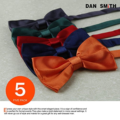 DBF2002 Bow Tie For Men Grey,Dark Green,Red,Orange,Blue Solid Poly Pre-tied Bow tie Present Box Set 5T By Dan Smith