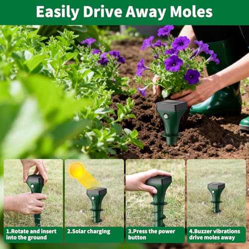 Mole Repeller Pack of 4, Solar Mole Repellent with Ultrasonic & AI Changing Frequency, Effective Vole Repellent Against Moles and Voles, IP65 Waterproof for Garden and Outdoor Use