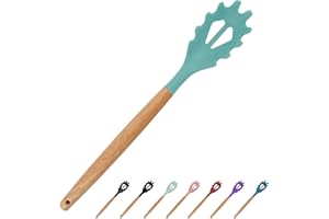 Silicone Spaghetti Spoon, Pasta Fork, 12.6 Inch Noodle Spoon, Pasta Spoon with Wooden Handle, Spaghetti Server for Cooking, B