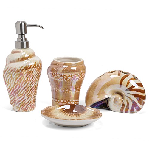 Minigift 4 Piece Sea Snail Ceramic Bathroom Accessory Set Soap Dish Soap Dispenser Tootbrush Holder Tumbler Cup Coffee