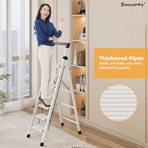 Beauenty Foldable Ladder, 7 Steps Ladder for Home, Anti-Slip Step Stool with Wider Pedal, Tools Holder, Portable Stepladder for Kitchen, Garden, Load-Bearing 150kg (Black)