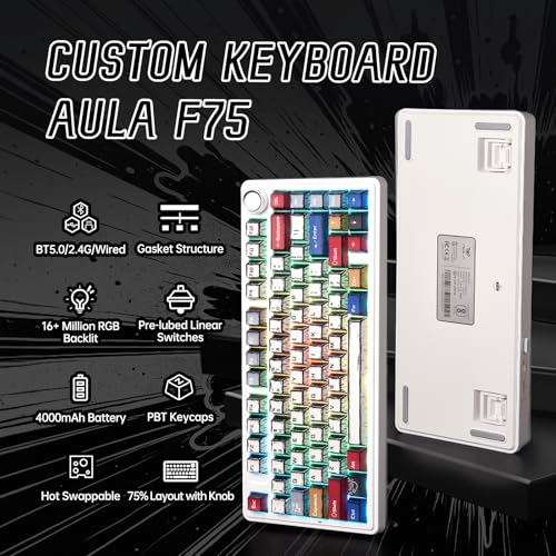 x Aula F75 Pro Wireless Mechanical Keyboard,75% Hot Swappable Custom Gaming Keyboard with Five-Layer and BT5.0/2.4GHz/USB-C Tri-Model,RGB Backlit,Side Printed PBT Keycaps (White Contour Lines)