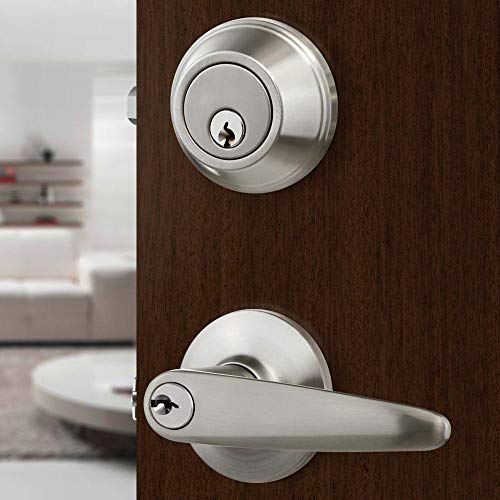 【3 Pack】Front Door Entry Lever Lock Set and Single Cylinder Deadbolt Combination Set, Satin Nickel