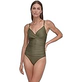 DKNY Womens Surplice Ruched Spaghetti Strap One Piece Swimsuit with Tummy Control