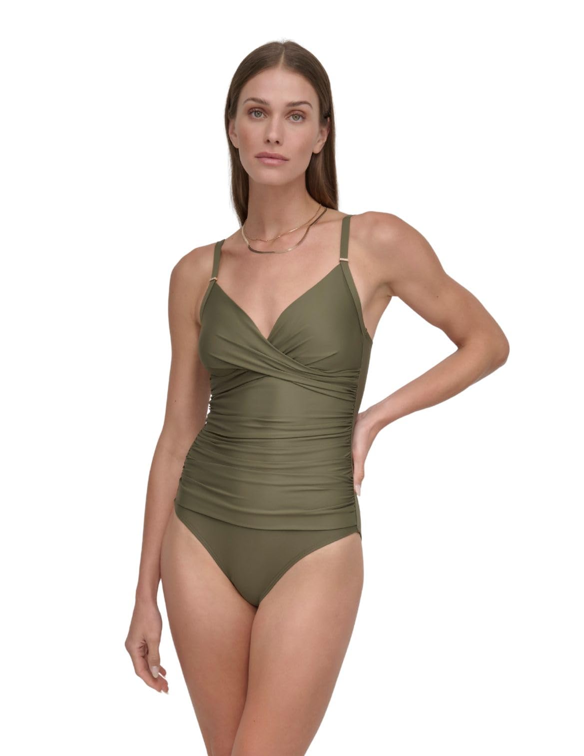 DKNY Women’s Surplice Ruched Spaghetti Strap One Piece Swimsuit with Tummy Control, Moss, X-Large