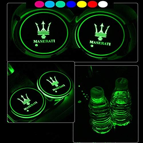 Lntly LED Car Logo Cup Holder Pad Waterproof Bottle Drinks Coaster Built-in Light 7 Colors Changing USB Charging Mat LED Cup Mat Car Atmosphere Lamp 2PCS for Maserati Accessories