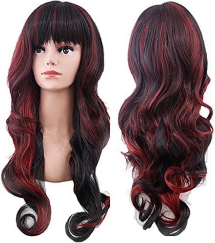 WeAlake Bob Wig Long Cosplay Wig Hair Heat Resistant Curly Wave Hairs for Women Party Wigs (Red &amp; Black)