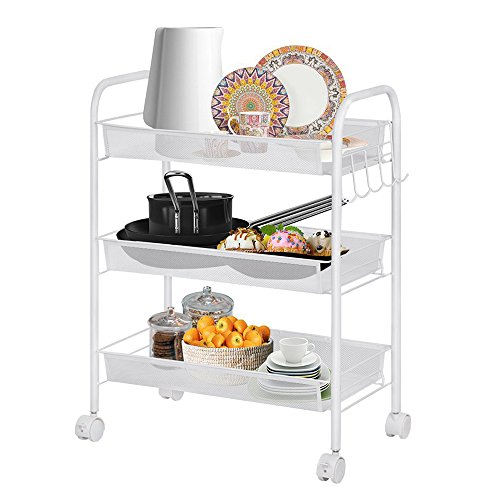 Rolling Cart 3-Tier Storage Cart Utility Cart Wire Rack Metal Mesh Shelving Trolley, GEYUEYA Home - Thumbnail 6