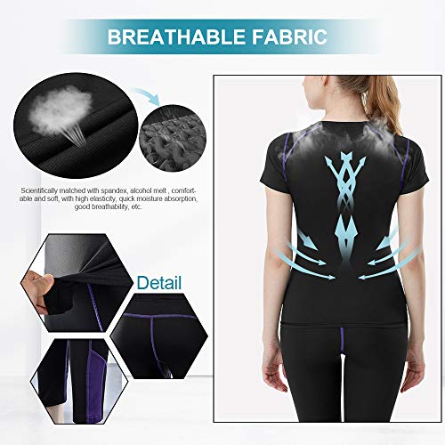 MEETYOO Women's Compression Base Layer, Cool Dry Workout Gym Activewear Short Sleeve T-Shirt and Long Leggings for Fitness Yoga Running Purple