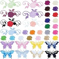 PGMJ 37 Pieces Embroidery Applique Patches New Rose Flowers Butterfly Little Rose Flowers Iron On Patches for Jackets, Jeans, Bags, Clothing, Arts Crafts DIY Decoration