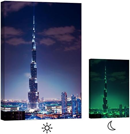 Painting on Canvas. Glow in the Dark Wall Art Print. No Energy Use - Dubai, Burj Khalifa (16 x 24 Inch)