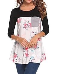Apparel: Easther Womens Color Block Floral Print O Neck 3/4 Raglan Sleeve Pullover Blouse Tops T Shirt For Women Large