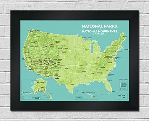 Best Maps Ever US National Parks & Monuments Map PREMIUM FRAMED 18x24 Poster (Green & Aqua | Black)