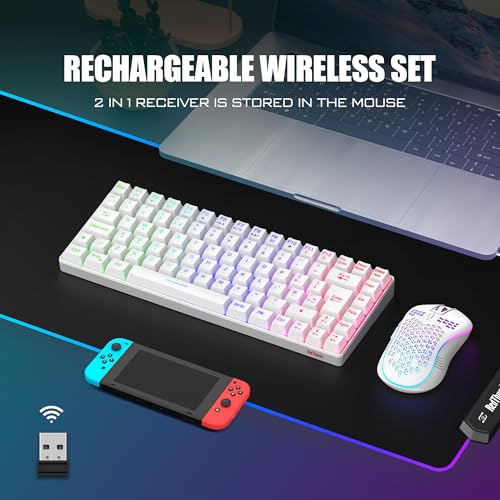 RedThunder K84 75% Wireless Gaming Keyboard and Mouse Rainbow Backlight UK Layout 85 Keys TKL Ultra Compact Mini Design Lightweight Honeycomb Gaming Mouse for PC Mac PS5 Xbox Office Gamers (White)