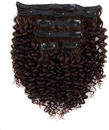FASHION QUEEN Hair Afro Kinky Curly Clip In Human Hair Extension Virgin Mongolian Human Hair 12" Clip In Hair For Black Women 6 Pcs/Set (113g, 2 Dark Brown)