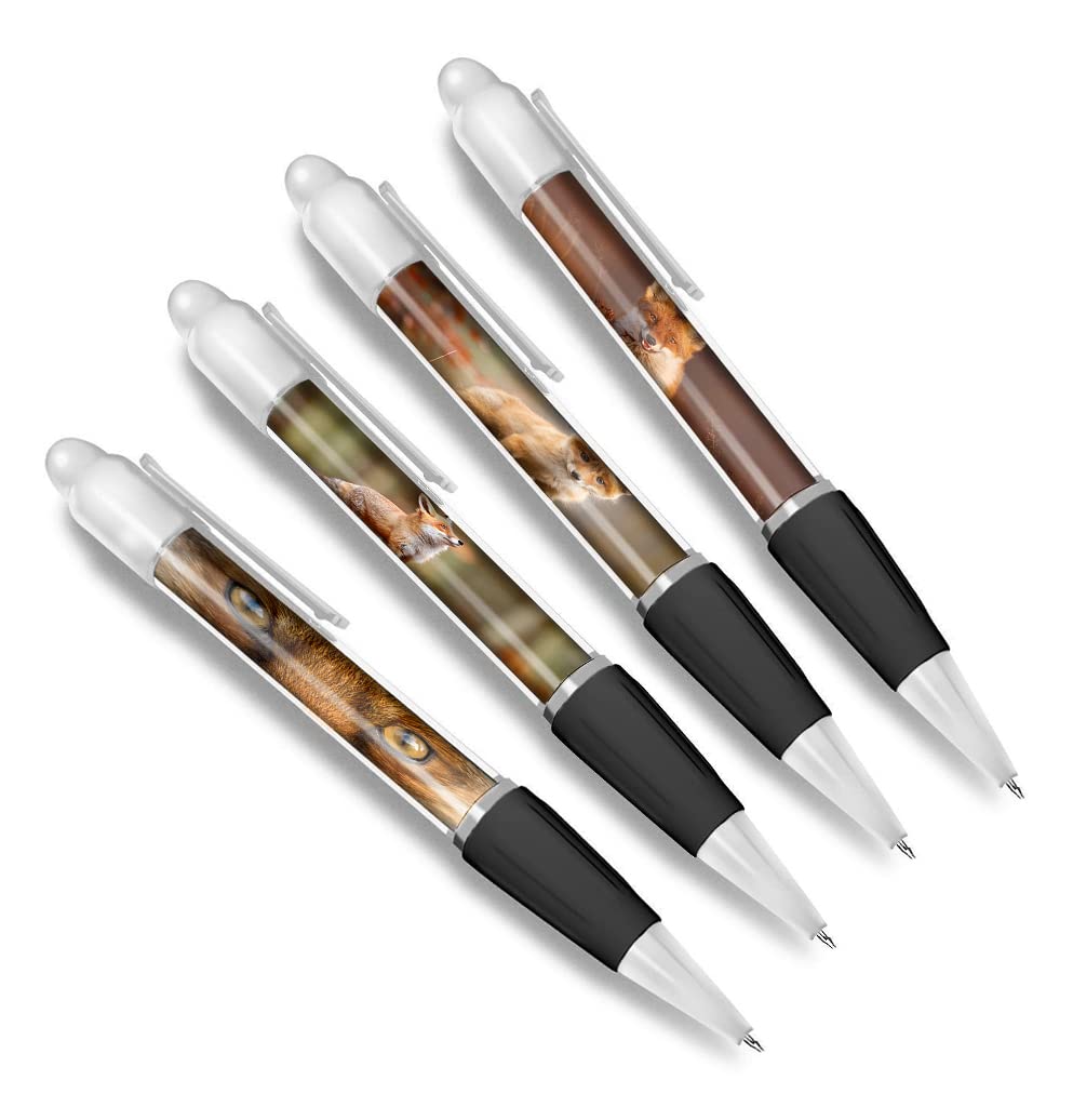 DV DESIGN Set of 4 Red Fox White Ballpoint Pens - Foxes Animal Nature Wildlife Wild Travel Portrait Boys Girls Men Women Theme Pen #79444
