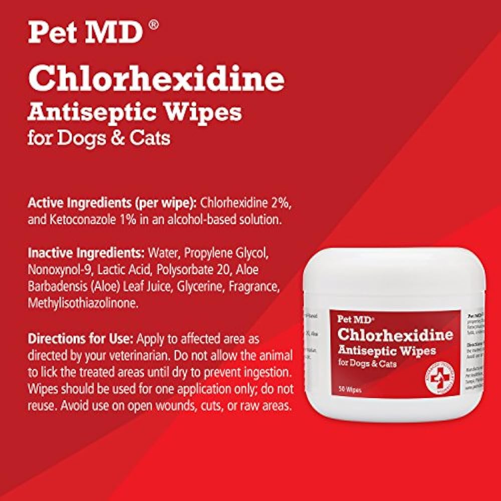 Chlorhexidine Wipes With Ketoconazole And Aloe For Cats Dogs, 50 Count